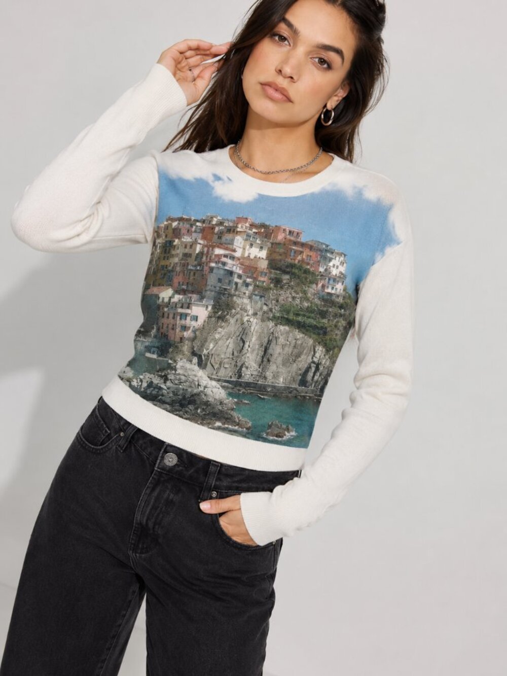 Twik by Simons Italian City Print Photorealistic Crewneck Sweater Size L
